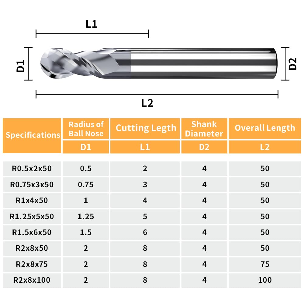 HRC60 Carbide Ball Nose End Mills-2 Flute TISIN Coated,For Milling Alloy Steels, Hardened Steel, Metal etc.size R6x75mm