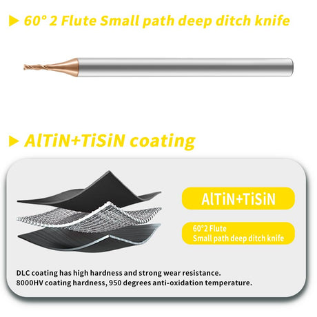 Carbide 2 Flutes Micro Carbide Flat End Mills HRC 60 TiSiN coating.