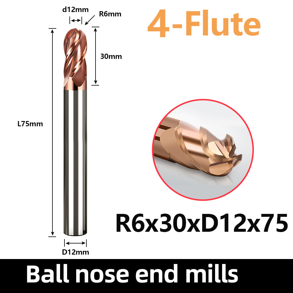 Solid carbide ball nose end mill HRC55, 4 flutes,R0.75-R6,CNC cutting tool for cast iron and general steel
