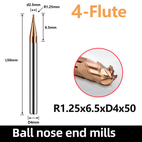 Solid carbide ball nose end mill HRC55, 4 flutes,R0.75-R6,CNC cutting tool for cast iron and general steel
