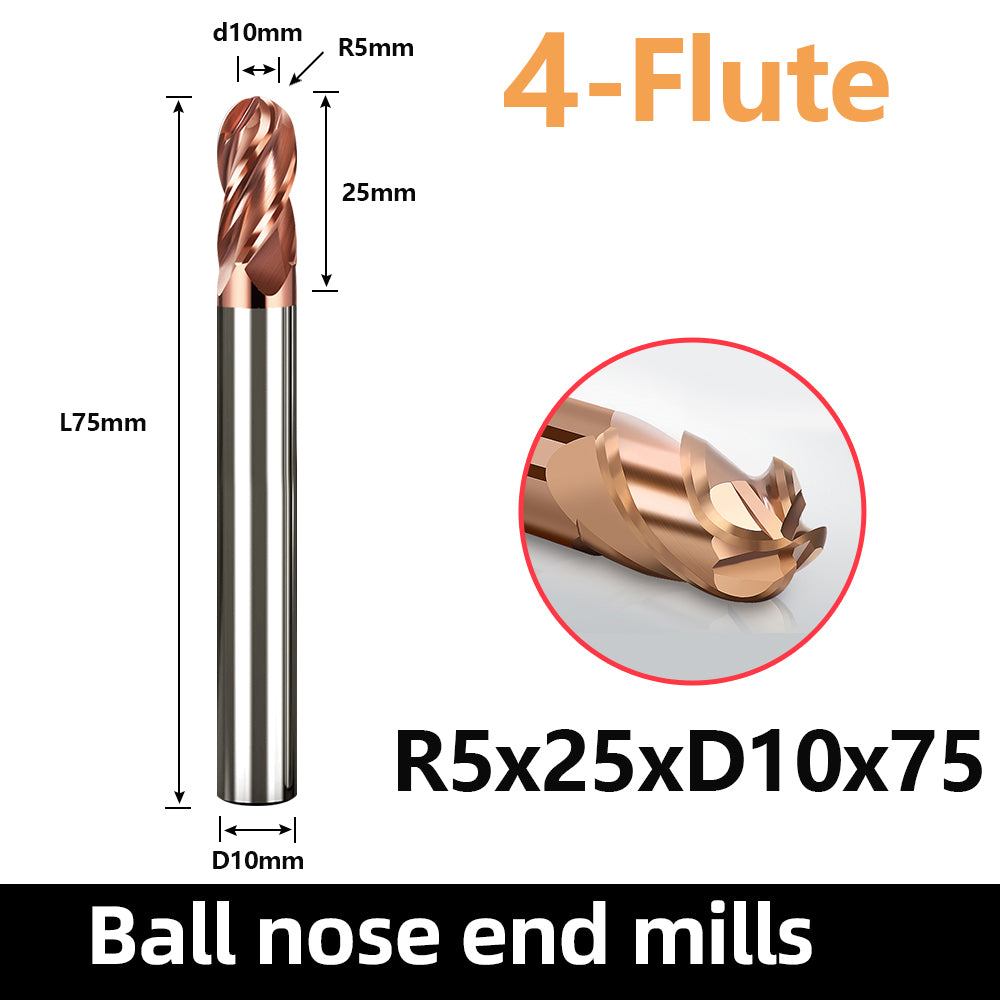 Solid carbide ball nose end mill HRC55, 4 flutes,R0.75-R6,CNC cutting tool for cast iron and general steel
