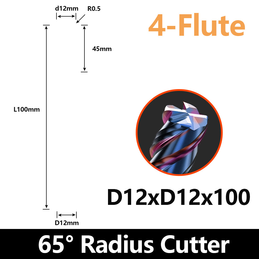HRC65 Carbide Corner Radius End Mill 4 Flute TiAlSiN for Alloy Steel,Cast Iorn,Cooper Alloy etc. (D12R0.5*D12*100mm)