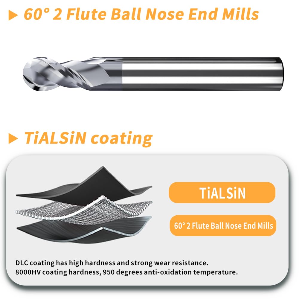 HRC60 Carbide Ball Nose End Mills-2 Flute TISIN Coated,For Milling Alloy Steels, Hardened Steel, Metal etc.size R1.5x50mm