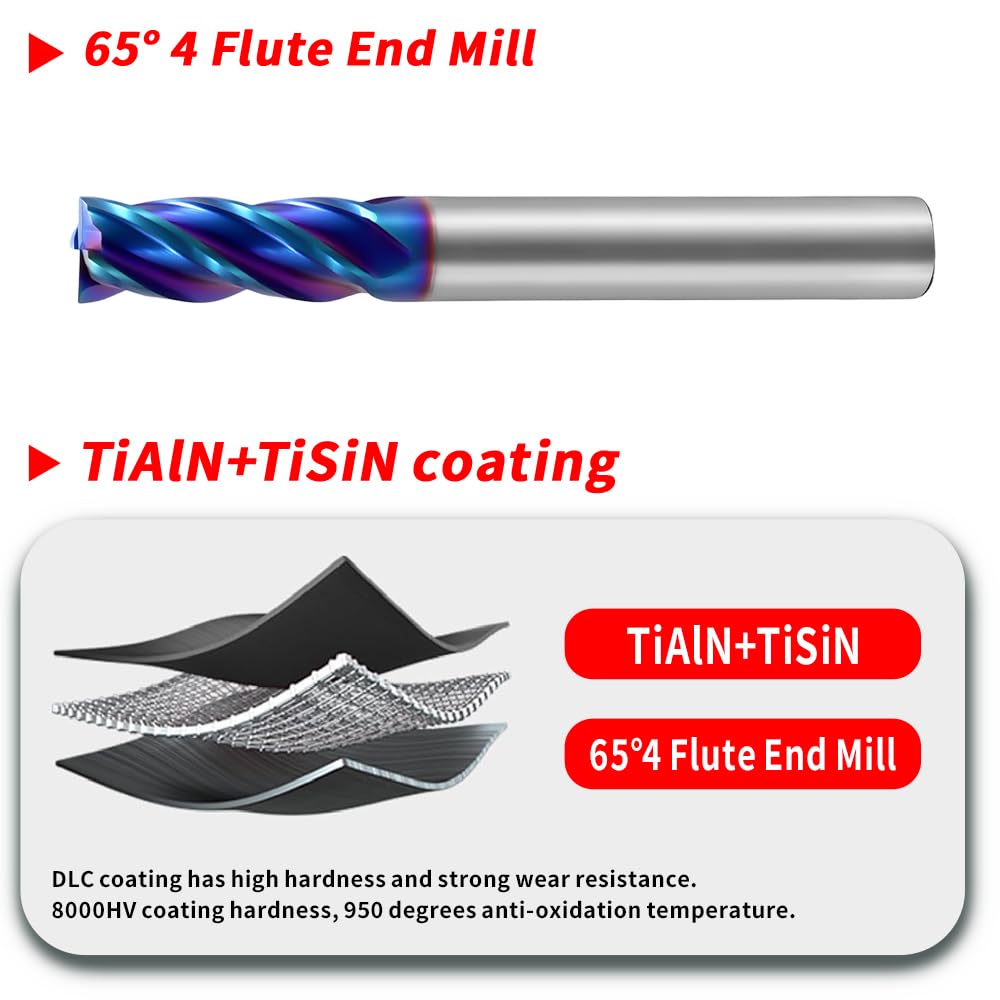 (D1-D20）HRC65 Carbide Square End Mills-4 Flute TiSiN Coated for Milling Alloy Steels, Hardened Steel, Metal etc.size