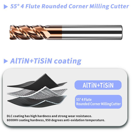 （D1-D12）HRC55 Carbide Corner Radius End Mill 4 Flute TiAlSiN for Alloy Steel,Cast Iorn,Cooper Alloy etc.size