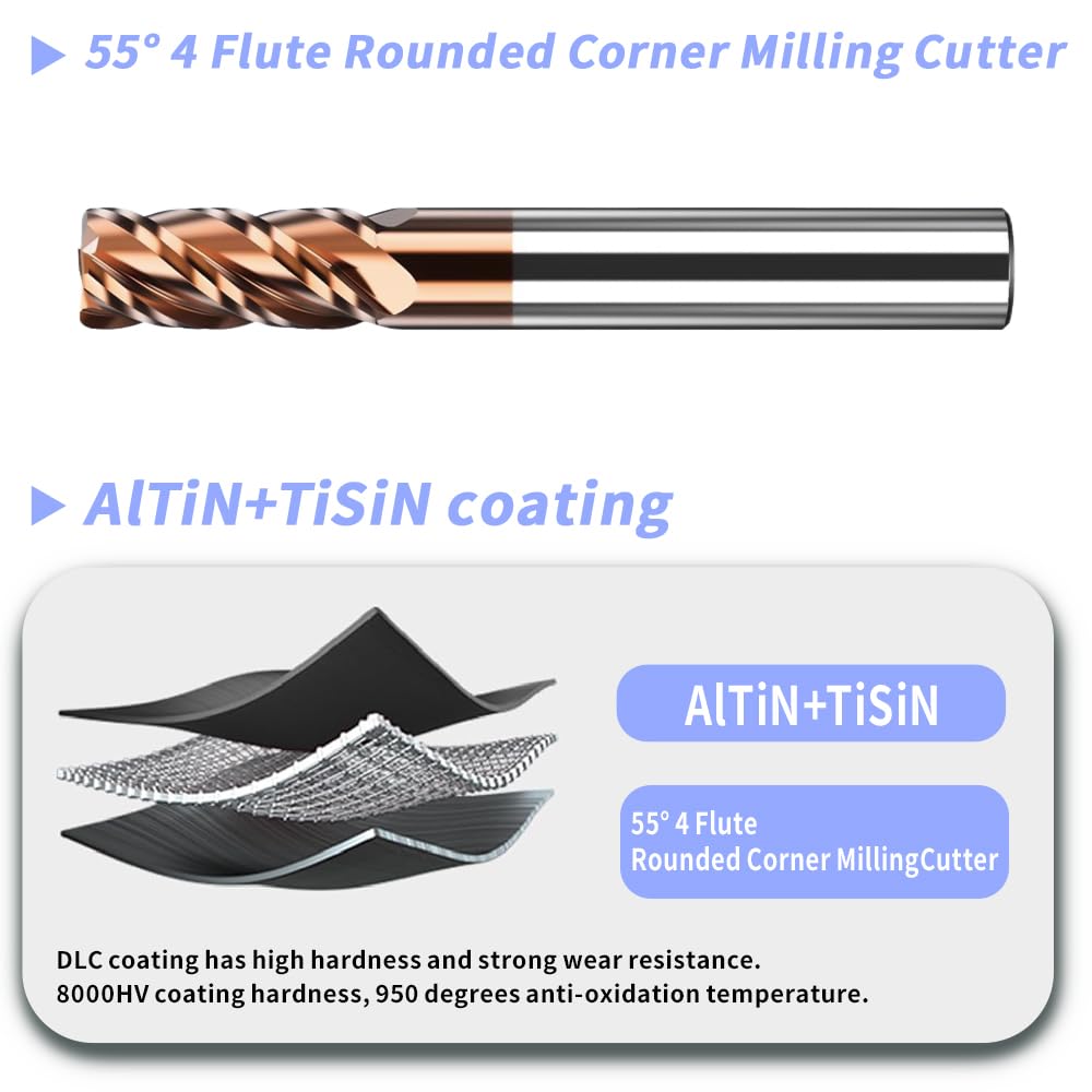 HRC55 Carbide Corner Radius End Mill 4 Flute TiAlSiN for Alloy Steel,Cast Iorn,Cooper Alloy etc.size D5xR1x50mm
