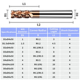 HRC55 Carbide Corner Radius End Mill 4 Flute TiAlSiN for Alloy Steel,Cast Iorn,Cooper Alloy etc.size D1.5xR0.2x50mm