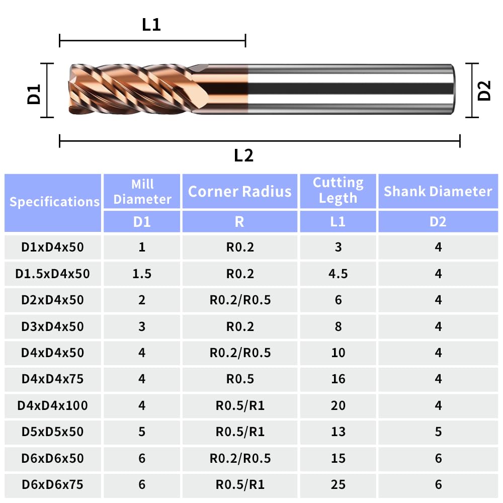 （D1-D12）HRC55 Carbide Corner Radius End Mill 4 Flute TiAlSiN for Alloy Steel,Cast Iorn,Cooper Alloy etc.size