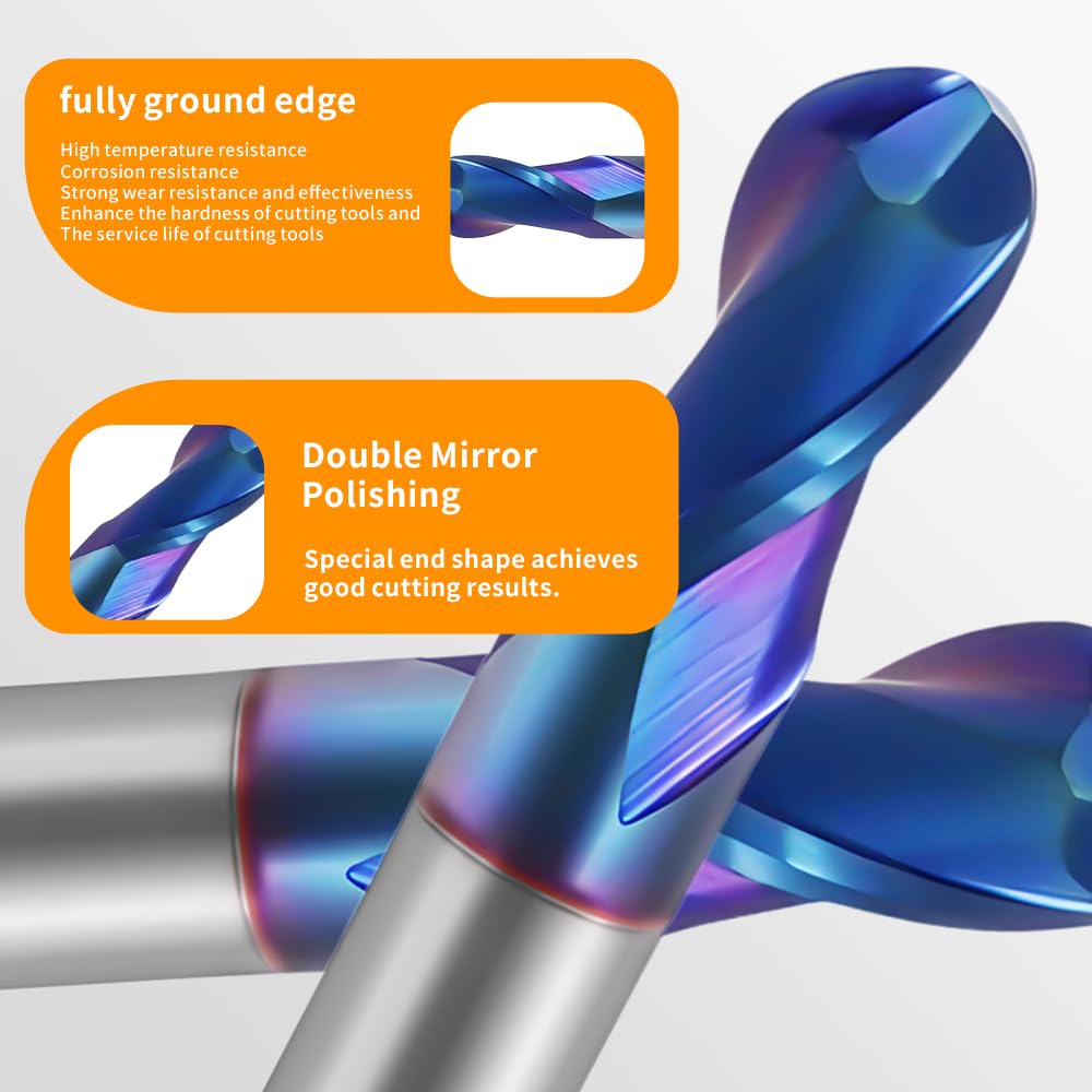 （R0.5-R6）HRC65 Carbide Ball Nose End Mills-2 Flute TISIN Coated,For Milling Alloy Steels, Hardened Steel, Metal etc.size