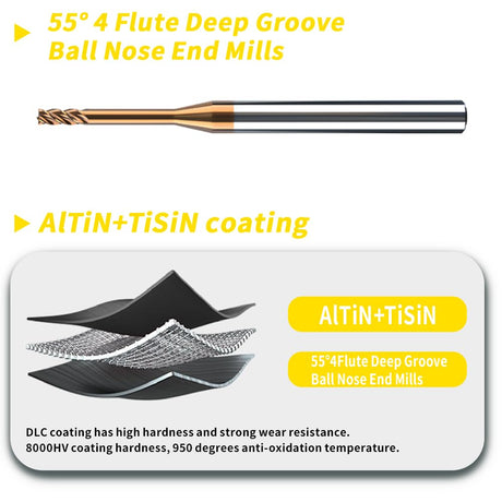 HRC55 Carbide Flat End Mills Deep Groove Mills 4 Flute，Suitable for Side milling Slotting， for Milling Alloy Steels. (d2*6*25*D4*50L*4F)