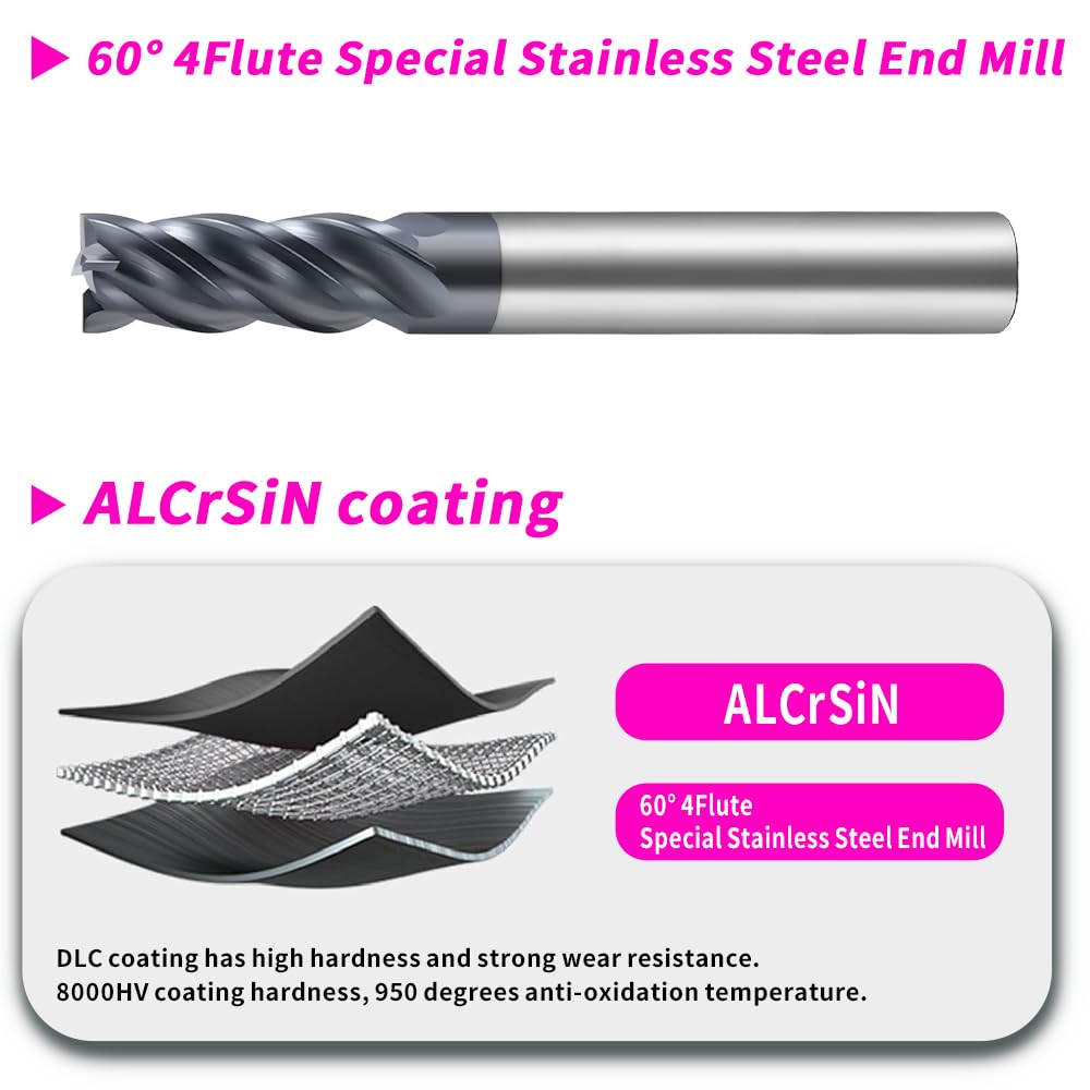 Carbide Unequal Helix End Mills for Stainless Steel-4 Flute TiALSiN Coated,For Milling Alloy Steels, Hardened Steel, Metal etc. (D16*45*D16*100L*4F)