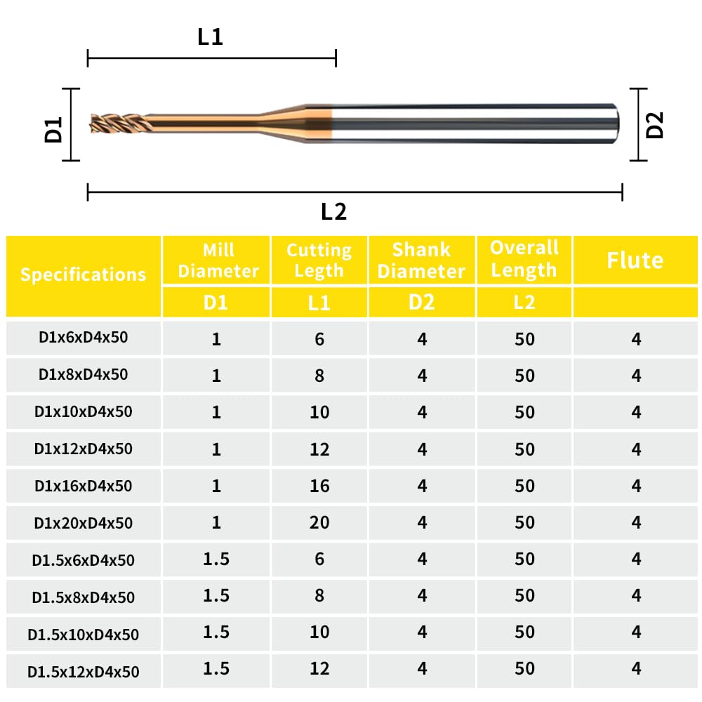 HRC55 Carbide Flat End Mills Deep Groove Mills 4 Flute，Suitable for Side milling Slotting， for Milling Alloy Steels. (d2*6*20*D4*50L*4F)