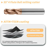 HRC55 Carbide Ball Nose End Mills-4 Flute TISIN Coated,for Milling Alloy Steels, Hardened Steel, Metal etc. (R2*10*D4*50mm)