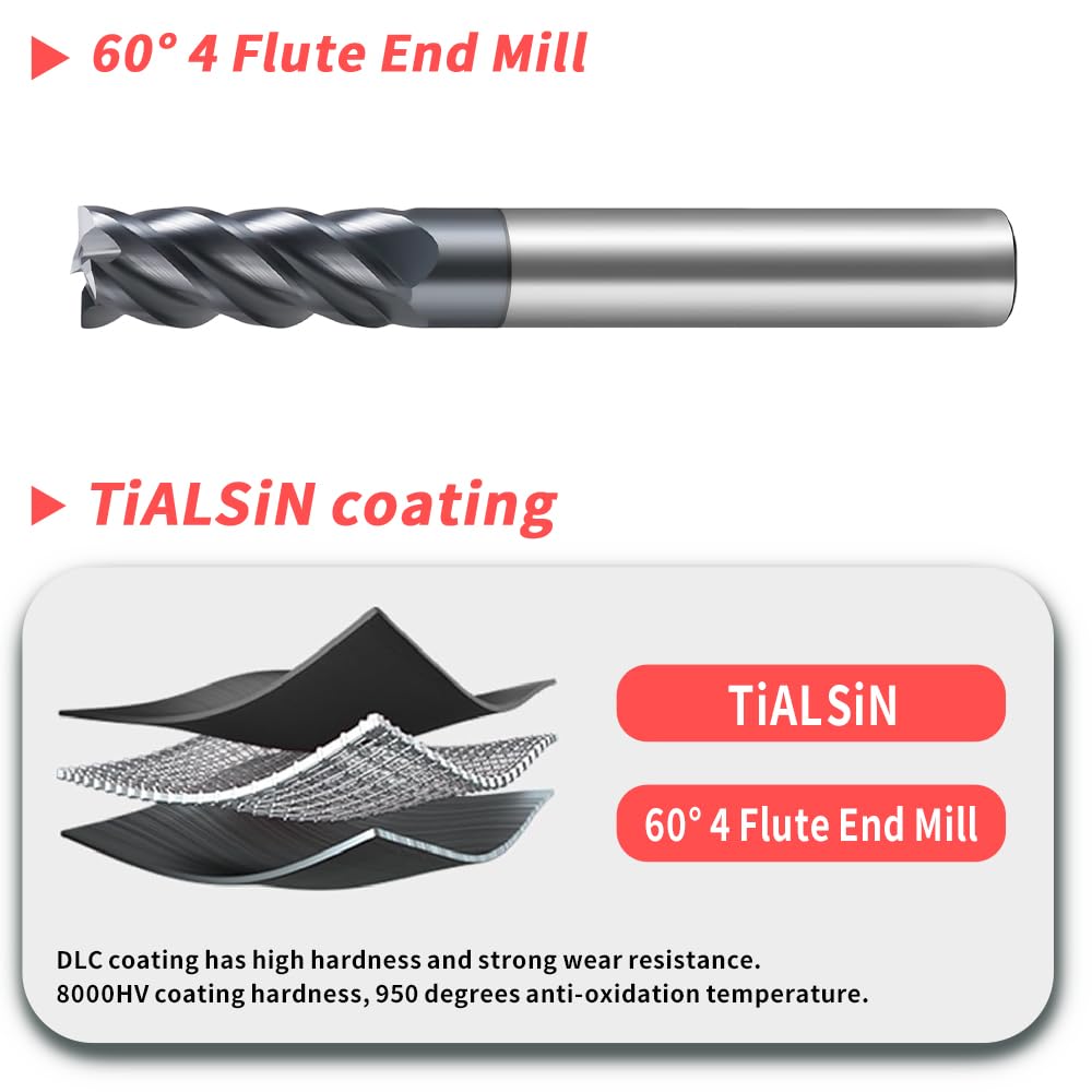 HRC60 Carbide Square End Mills-4 Flute TiSiN Coated for Milling Alloy Steels, Hardened Steel, Metal etc.size D4x75mm
