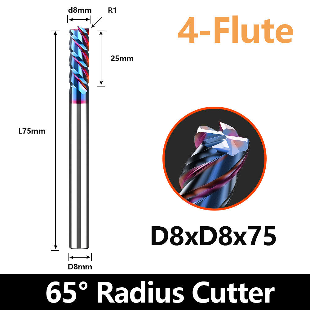 HRC65 Carbide Corner Radius End Mill 4 Flute TiAlSiN for Alloy Steel,Cast Iorn,Cooper Alloy etc. (D8R1*D8*75mm)
