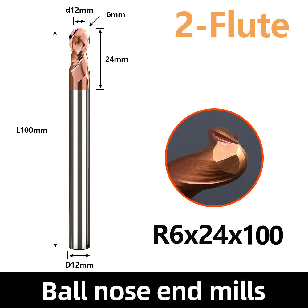 HRC55 Carbide Ball Nose End Mills-2 Flute TISIN Coated,For Milling Alloy Steels, Hardened Steel, Metal etc.size R6x100mm