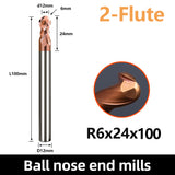 HRC55 Carbide Ball Nose End Mills-2 Flute TISIN Coated,For Milling Alloy Steels, Hardened Steel, Metal etc.size R6x100mm
