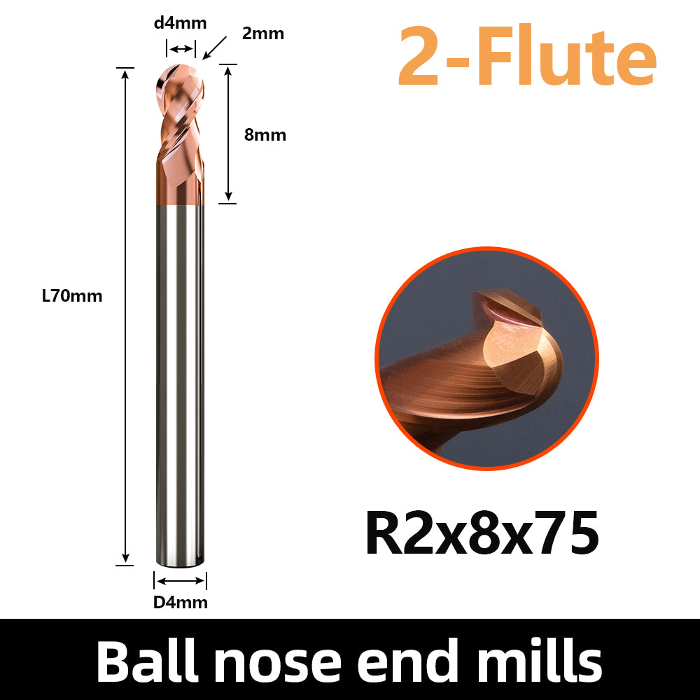 HRC55 Carbide Ball Nose End Mills-2 Flute TISIN Coated,For Milling Alloy Steels, Hardened Steel, Metal etc.size R2x75mm