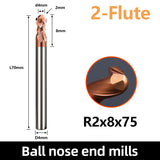 HRC55 Carbide Ball Nose End Mills-2 Flute TISIN Coated,For Milling Alloy Steels, Hardened Steel, Metal etc.size R2x75mm