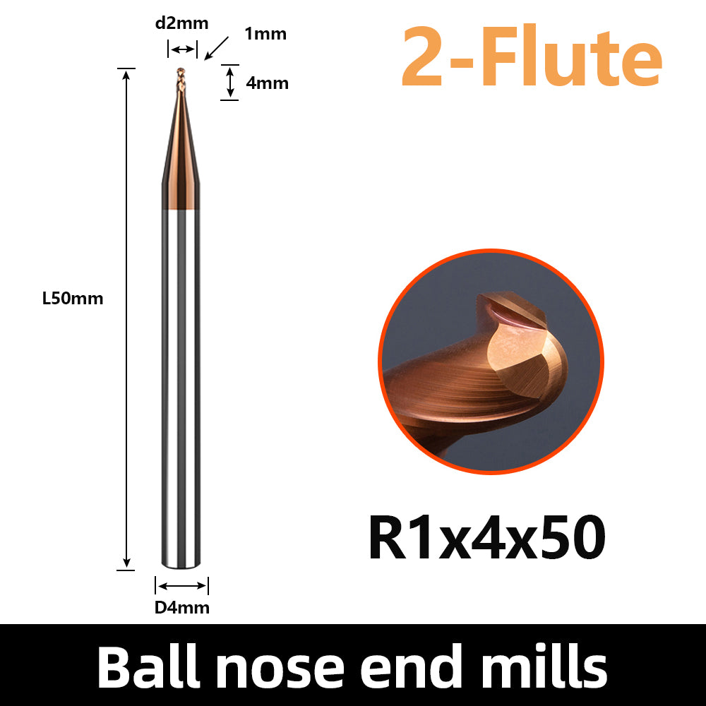 HRC55 Carbide Ball Nose End Mills-2 Flute TISIN Coated,For Milling Alloy Steels, Hardened Steel, Metal etc.size R1x50mm