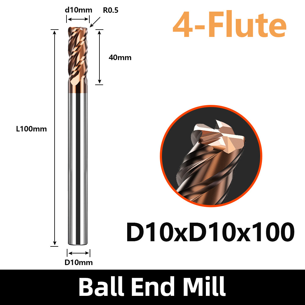 HRC55 Carbide Corner Radius End Mill 4 Flute TiAlSiN for Alloy Steel,Cast Iorn,Cooper Alloy etc.size D10xR0.5x100mm