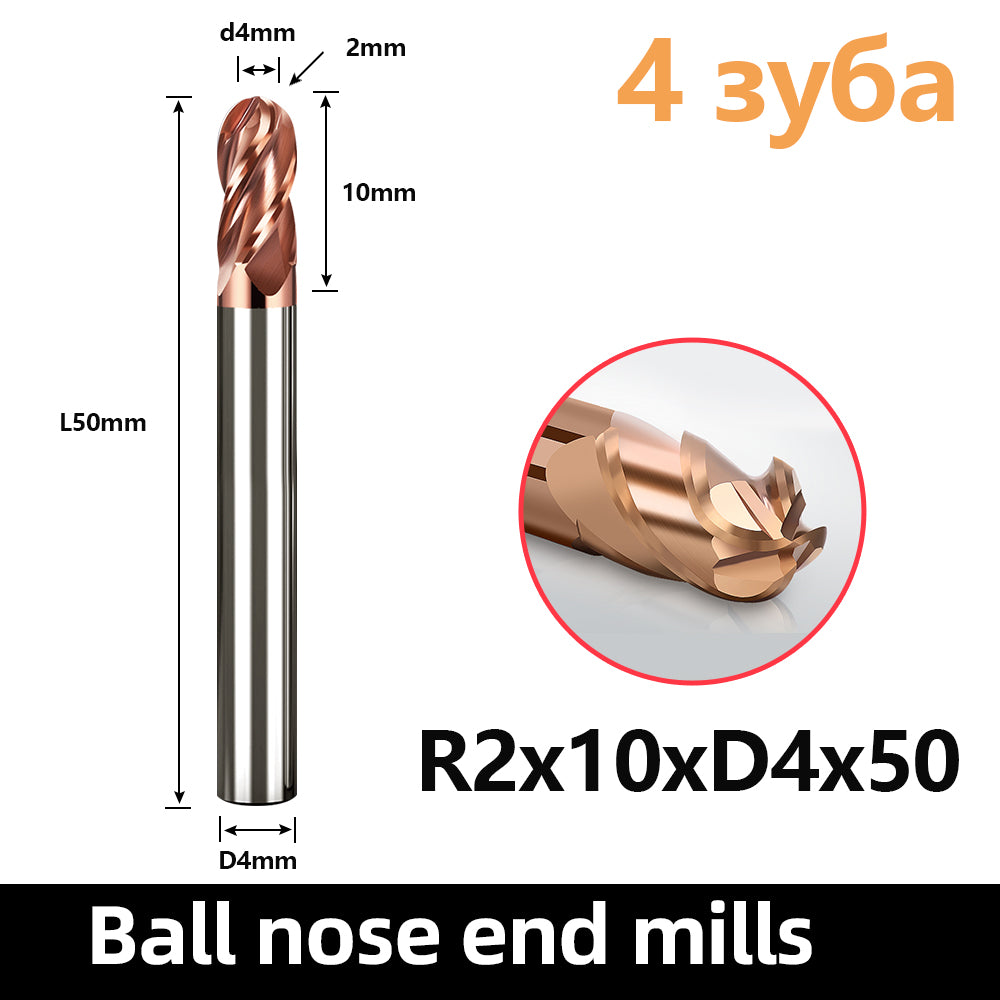 HRC55 Carbide Ball Nose End Mills-4 Flute TISIN Coated,for Milling Alloy Steels, Hardened Steel, Metal etc. (R2*10*D4*50mm)