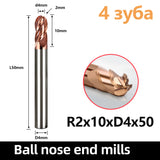 HRC55 Carbide Ball Nose End Mills-4 Flute TISIN Coated,for Milling Alloy Steels, Hardened Steel, Metal etc. (R2*10*D4*50mm)