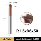 Carbide Radius Corner Rounding Inner R End Mills 4 Flute TiSiN Coated,for Milling Alloy Steels,Hardened Steel, Metal. (R1.5*9*D6*50L*4F)