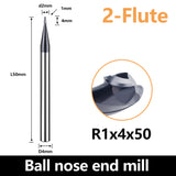 HRC60 Carbide Ball Nose End Mills-2 Flute TISIN Coated,For Milling Alloy Steels, Hardened Steel, Metal etc.size R1x50mm