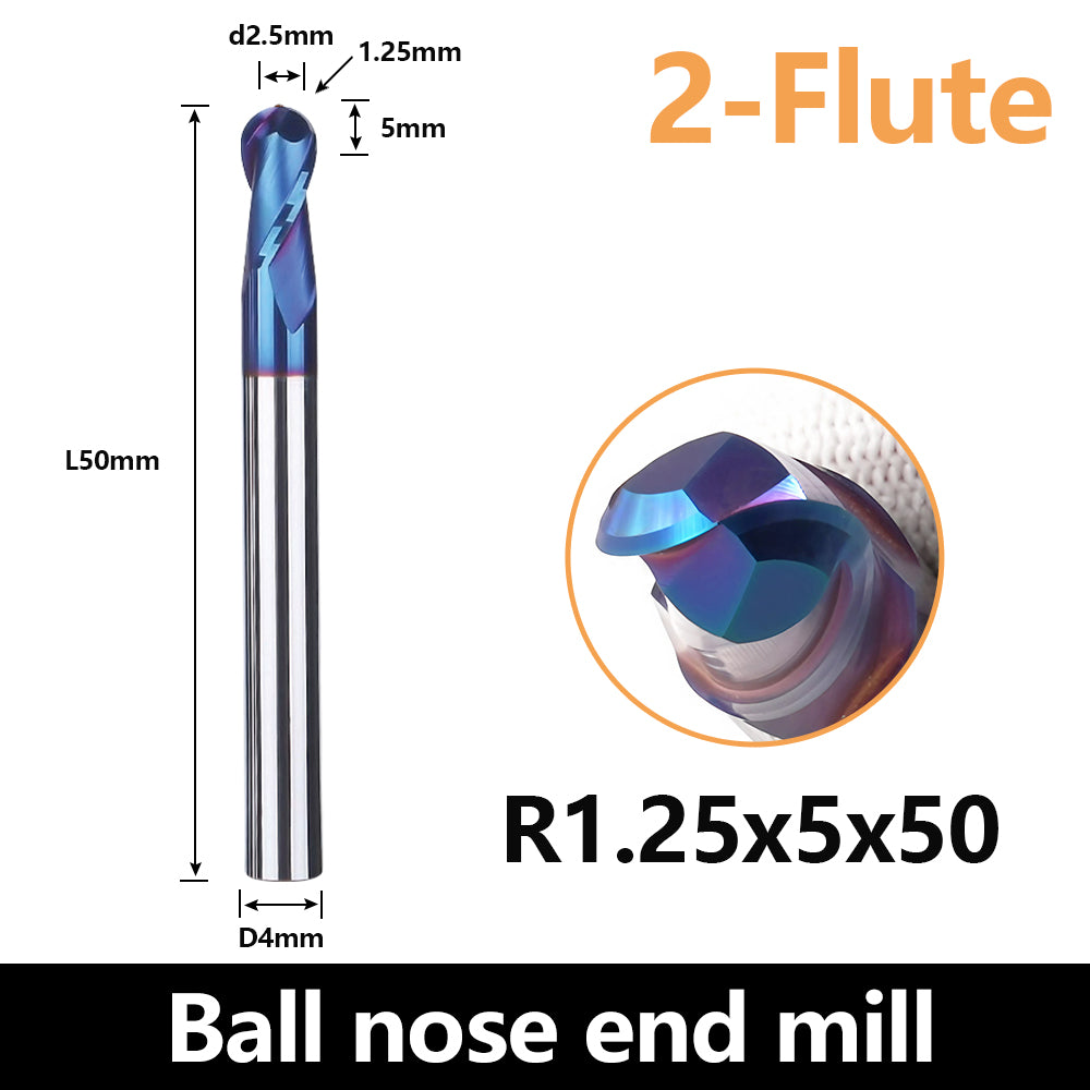 HRC65 Carbide Ball Nose End Mills-2 Flute TISIN Coated,For Milling Alloy Steels, Hardened Steel, Metal etc.size R1.25x50mm