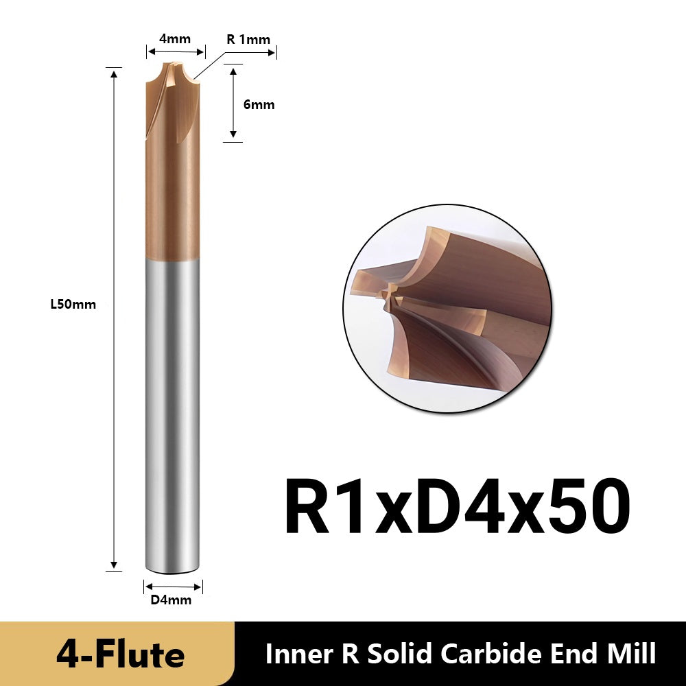Carbide Radius Corner Rounding Inner R End Mills 4 Flute TiSiN Coated,for Milling Alloy Steels,Hardened Steel, Metal. (R1*D4*50L*4F)