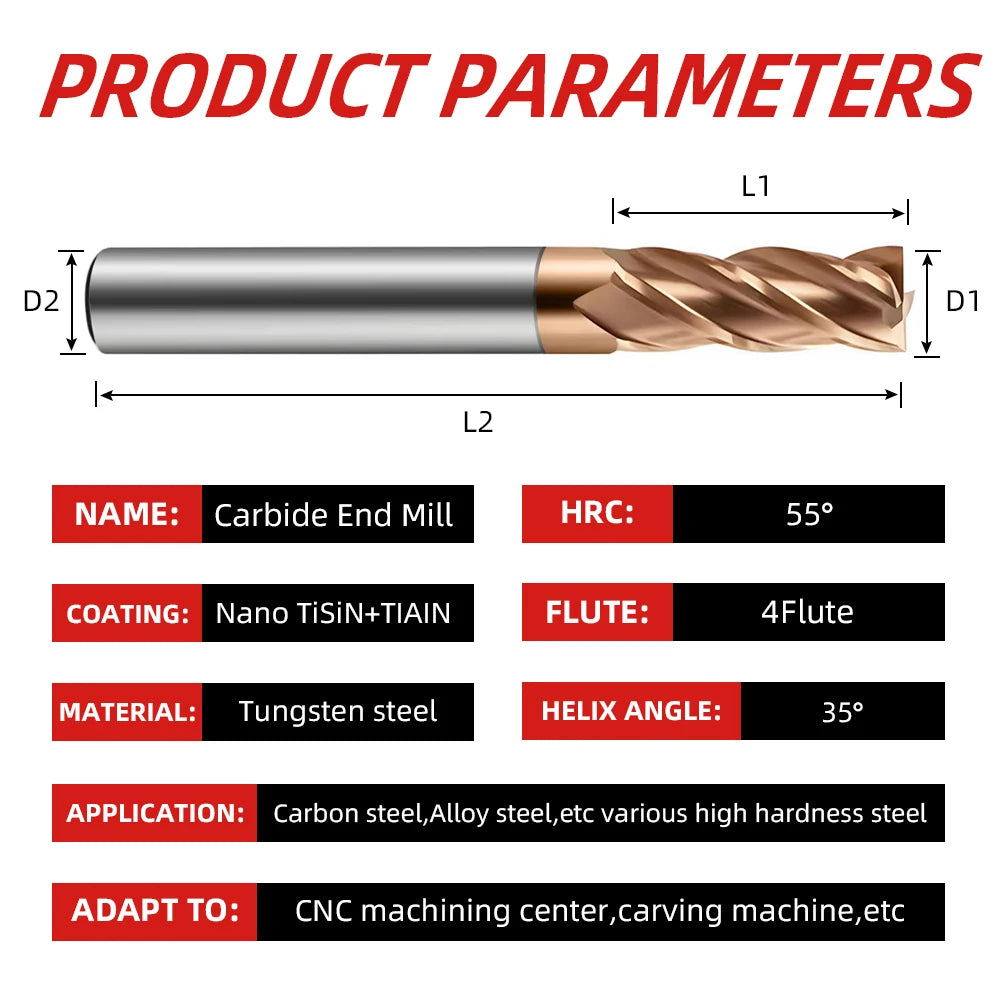 BD550 4 Flutes solid carbide flat end mill with a blade diameter of 1-20 mm, suitable for CNC machine tools