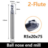 HRC60 Carbide Ball Nose End Mills-2 Flute TISIN Coated,For Milling Alloy Steels, Hardened Steel, Metal etc.size R5x75mm
