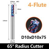 HRC65 Carbide Corner Radius End Mill 4 Flute TiAlSiN for Alloy Steel,Cast Iorn,Cooper Alloy etc. (D10R0.5*D10*75mm)