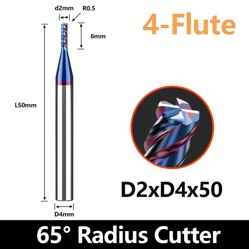 HRC65 Carbide Corner Radius End Mill 4 Flute TiAlSiN for Alloy Steel,Cast Iorn,Cooper Alloy etc. (D2R0.5*D4*50mm)