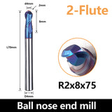 HRC65 Carbide Ball Nose End Mills-2 Flute TISIN Coated,For Milling Alloy Steels, Hardened Steel, Metal etc.size R2x75mm
