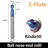 HRC65 Carbide Ball Nose End Mills-2 Flute TISIN Coated,For Milling Alloy Steels, Hardened Steel, Metal etc.size R2x50mm