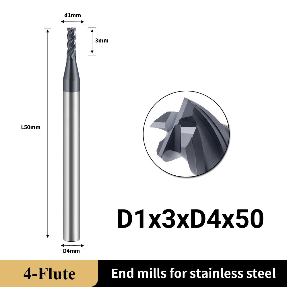 Carbide Unequal Helix End Mills for Stainless Steel-4 Flute TiALSiN Coated,For Milling Alloy Steels, Hardened Steel, Metal etc. (D1*3*D4*50L*4F)