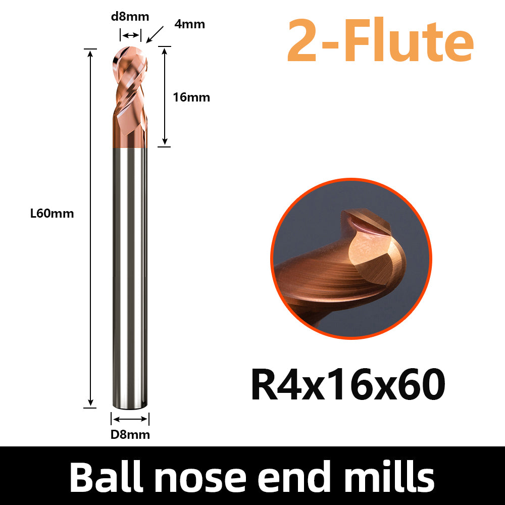 HRC55 Carbide Ball Nose End Mills-2 Flute TISIN Coated,For Milling Alloy Steels, Hardened Steel, Metal etc.size R4x60mm