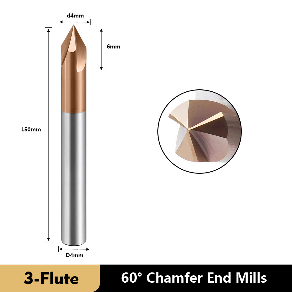 Carbide Chamfer End Mills 3 Flute TiSiN Coating V Groove  for Different Material Like Steel Copper Alloy. (D4*50L*3F*60°)