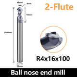 HRC60 Carbide Ball Nose End Mills-2 Flute TISIN Coated,For Milling Alloy Steels, Hardened Steel, Metal etc.size R4x100mm