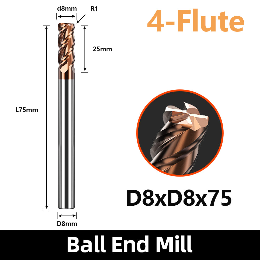 HRC55 Carbide Corner Radius End Mill 4 Flute TiAlSiN for Alloy Steel,Cast Iorn,Cooper Alloy etc.size D8xR1x75mm