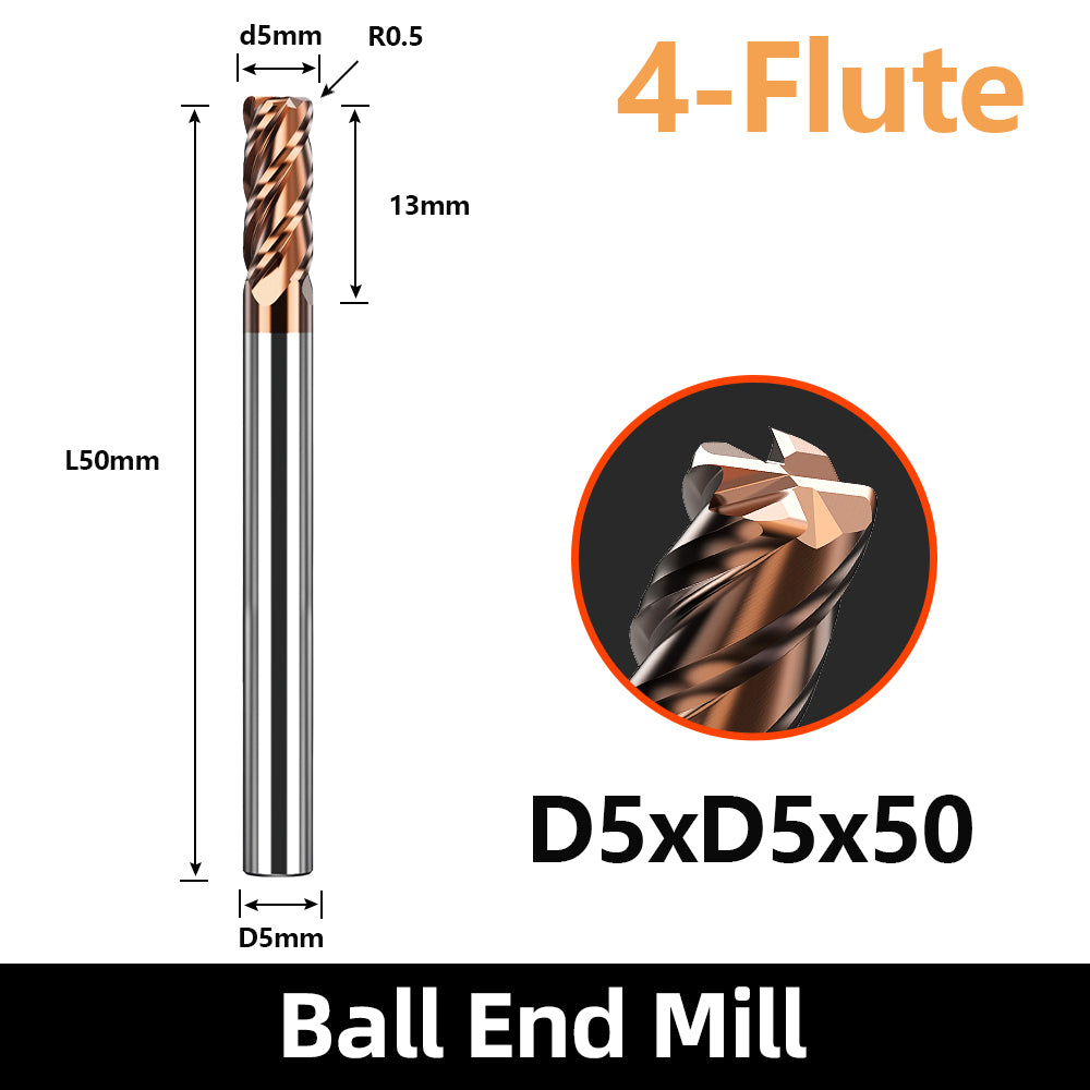 HRC55 Carbide Corner Radius End Mill 4 Flute TiAlSiN for Alloy Steel,Cast Iorn,Cooper Alloy etc.size D5xR0.5x50mm