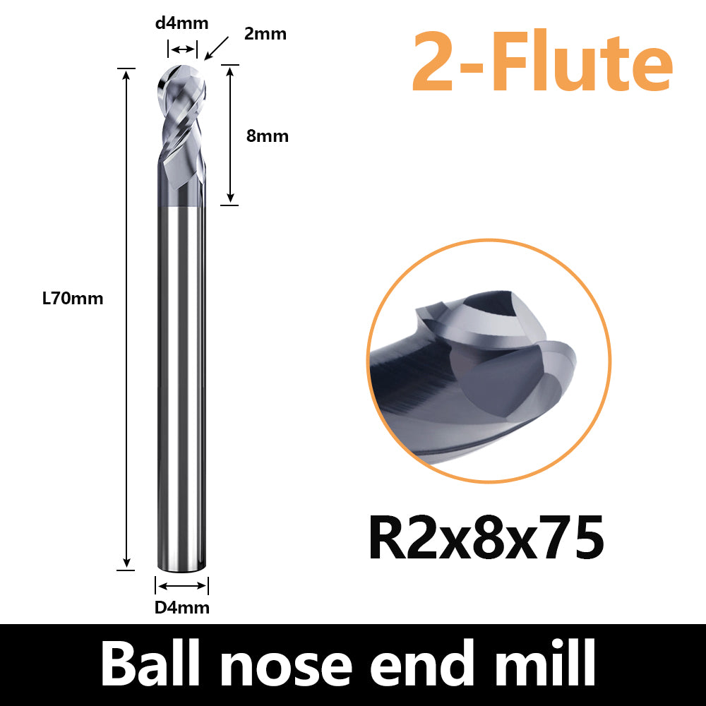 HRC60 Carbide Ball Nose End Mills-2 Flute TISIN Coated,For Milling Alloy Steels, Hardened Steel, Metal etc.size R2x75mm