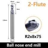 HRC60 Carbide Ball Nose End Mills-2 Flute TISIN Coated,For Milling Alloy Steels, Hardened Steel, Metal etc.size R2x75mm