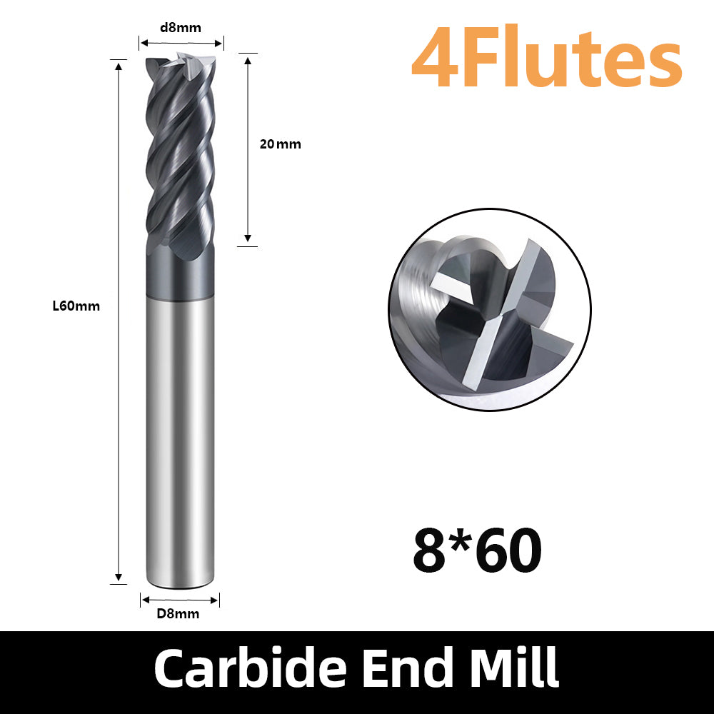 HRC60 Carbide Square End Mills-4 Flute TiSiN Coated for Milling Alloy Steels, Hardened Steel, Metal etc.size D8x60mm