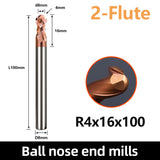 HRC55 Carbide Ball Nose End Mills-2 Flute TISIN Coated,For Milling Alloy Steels, Hardened Steel, Metal etc.size R4x100mm