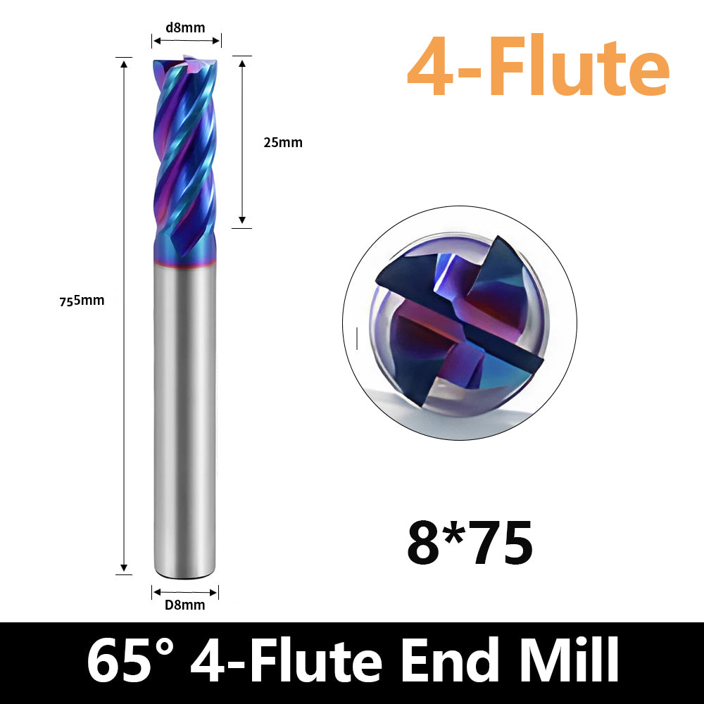 HRC65 Carbide Square End Mills-4 Flute TiSiN Coated for Milling Alloy Steels, Hardened Steel, Metal etc.size D8x75mm