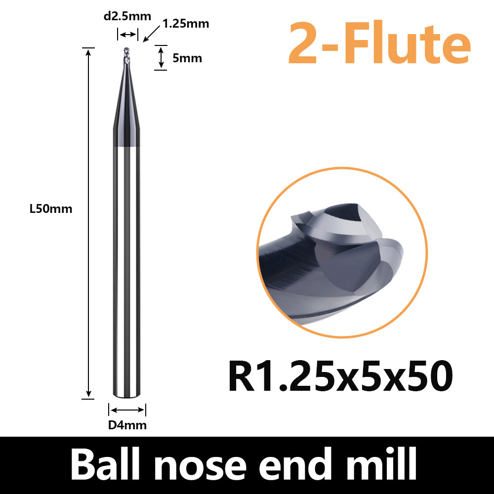 HRC60 Carbide Ball Nose End Mills-2 Flute TISIN Coated,For Milling Alloy Steels, Hardened Steel, Metal etc.size R1.25x50mm