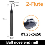 HRC60 Carbide Ball Nose End Mills-2 Flute TISIN Coated,For Milling Alloy Steels, Hardened Steel, Metal etc.size R1.25x50mm